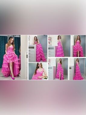 Hot Pink Tiered High-Low Lace Prom Dress